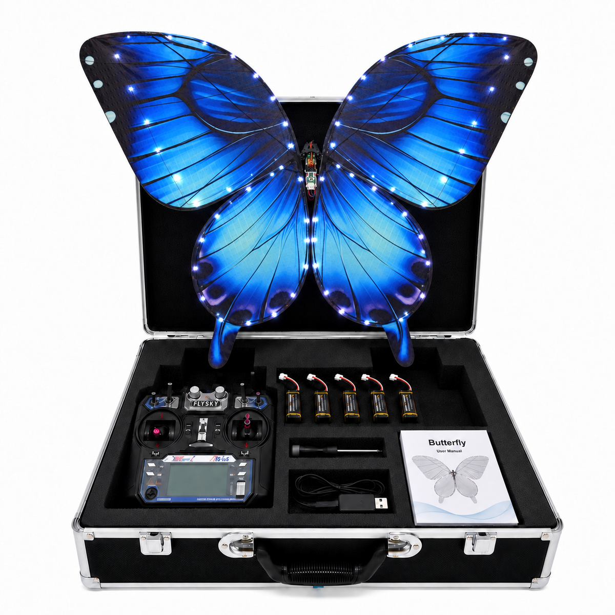 Royal Blue RC Bionic Flapping-Wing Butterflies – Premium | LED Lights, FlySky Transmitter & Aluminum Case