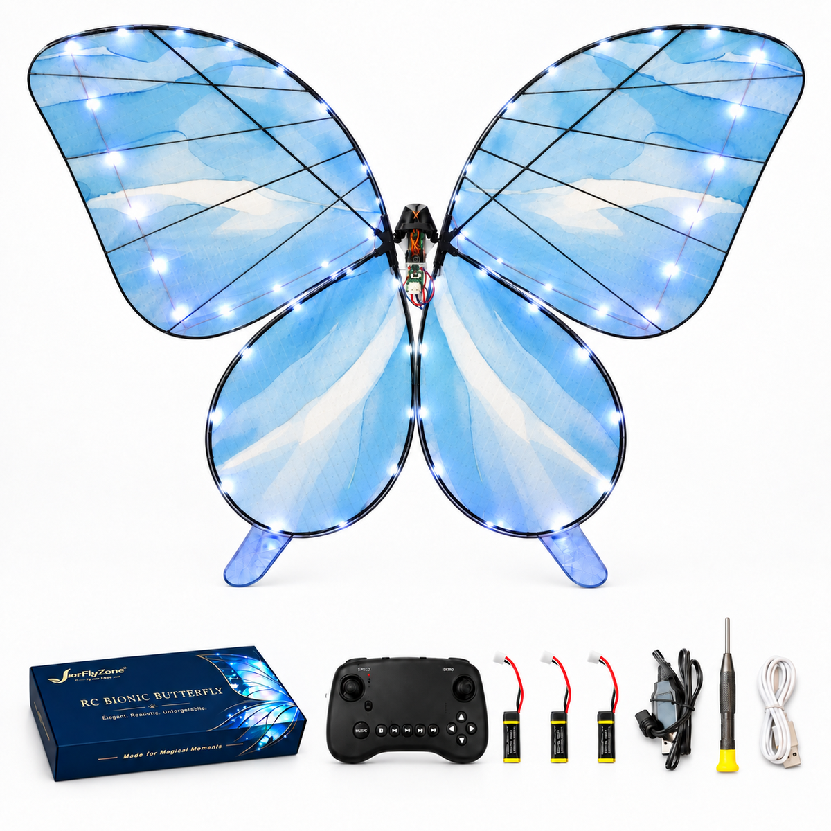 Light Blue RC Bionic Flapping-Wing Butterfly – Basic | LED Lights