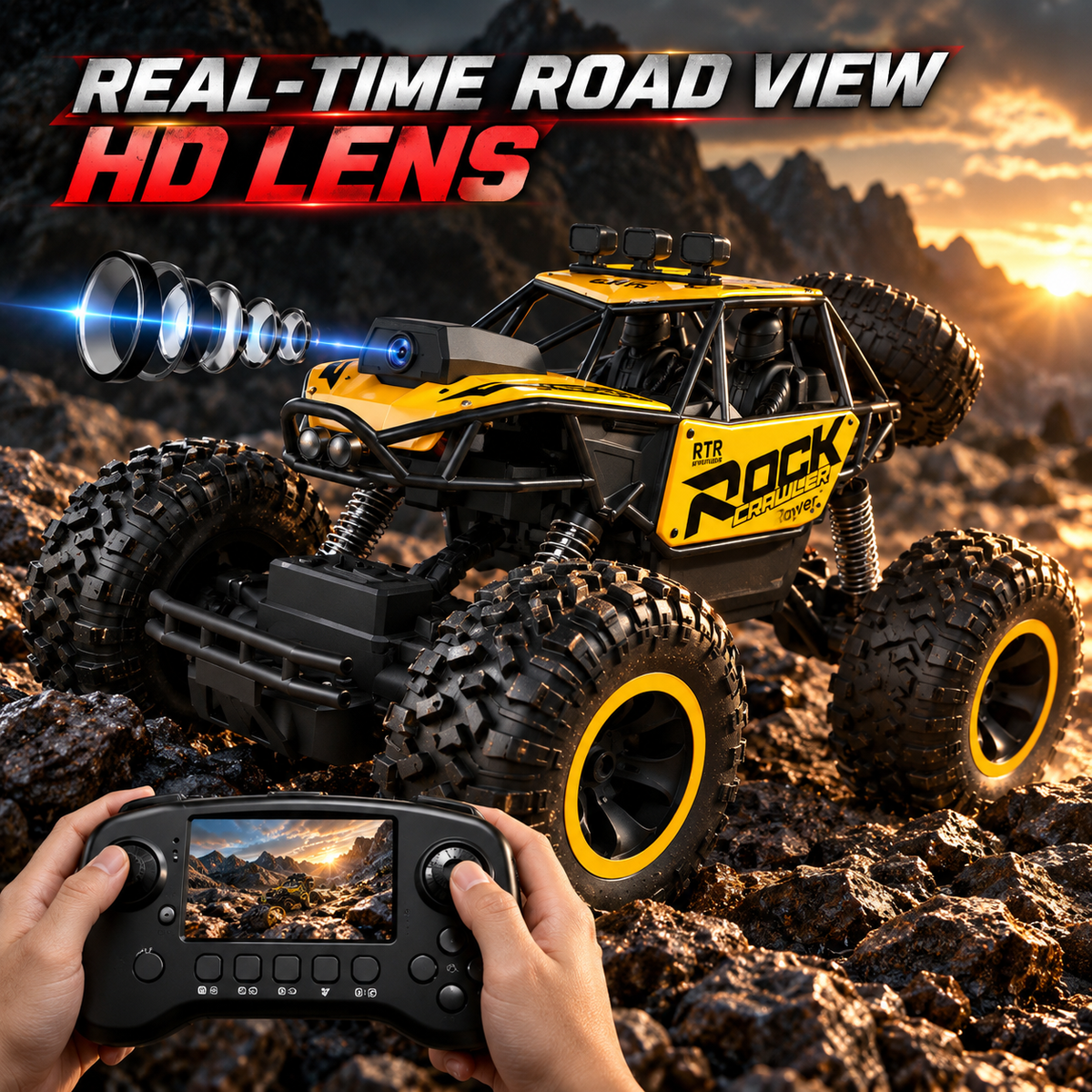 1:16 4WD RC Off-Road Rock Crawler with FPV Camera, Screen Remote & LED Lights