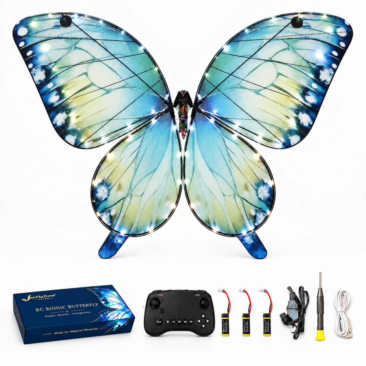 Ice Blue RC Bionic Flapping-Wing Butterfly – Basic | LED Lights