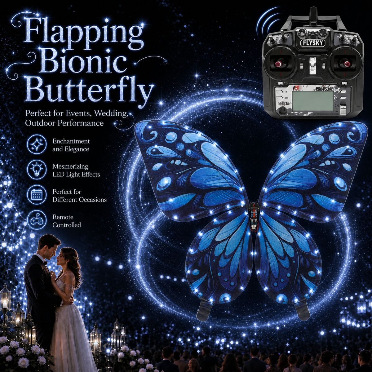 Galaxy Blue RC Flying Butterfly Premium – Bionic Flapping Wing with LED & Flysky Remote