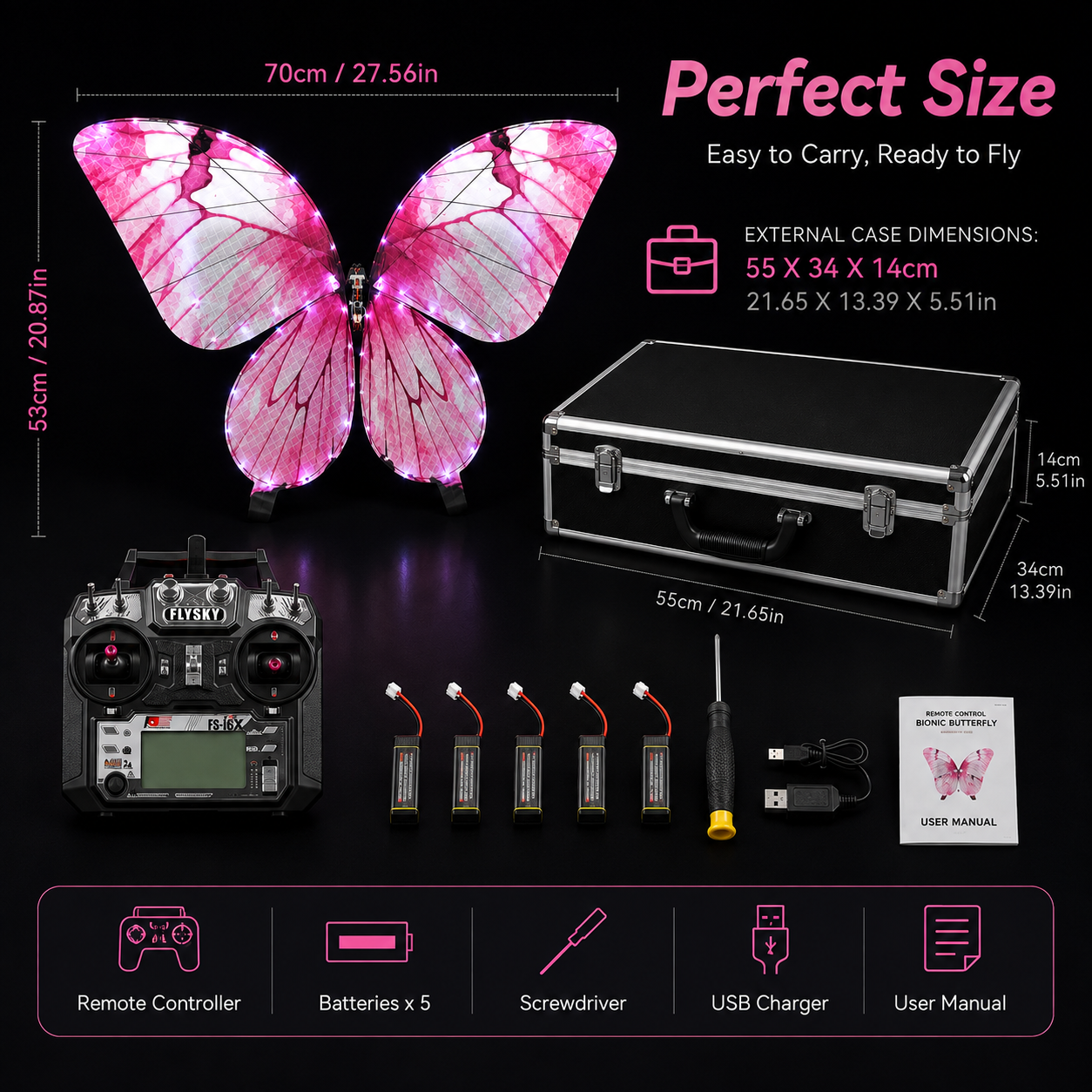 Burgundy RC Flying Butterfly Premium – Bionic Flapping Wing with LED & Flysky Remote