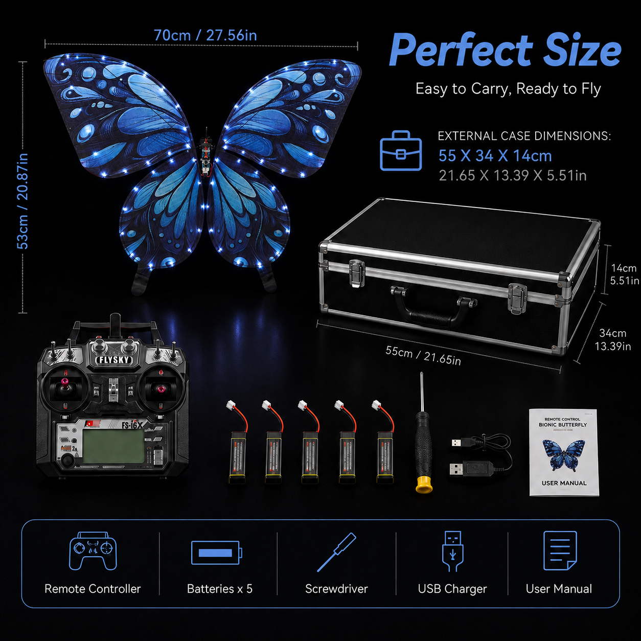 Galaxy Blue RC Flying Butterfly Premium – Bionic Flapping Wing with LED & Flysky Remote