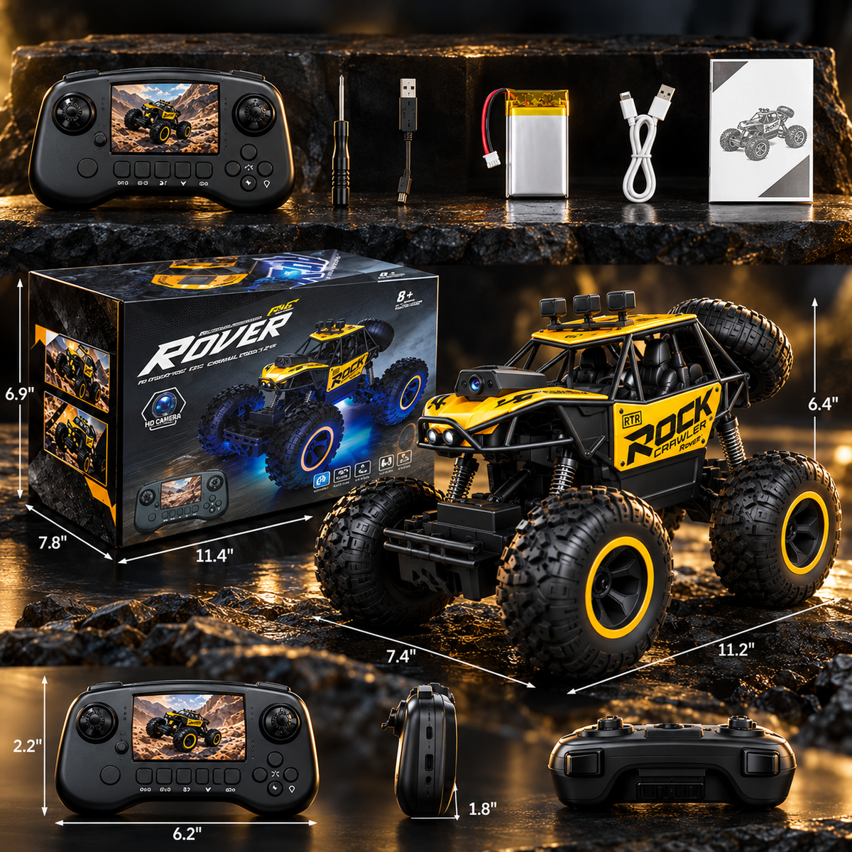 1:16 4WD RC Off-Road Rock Crawler with FPV Camera, Screen Remote & LED Lights