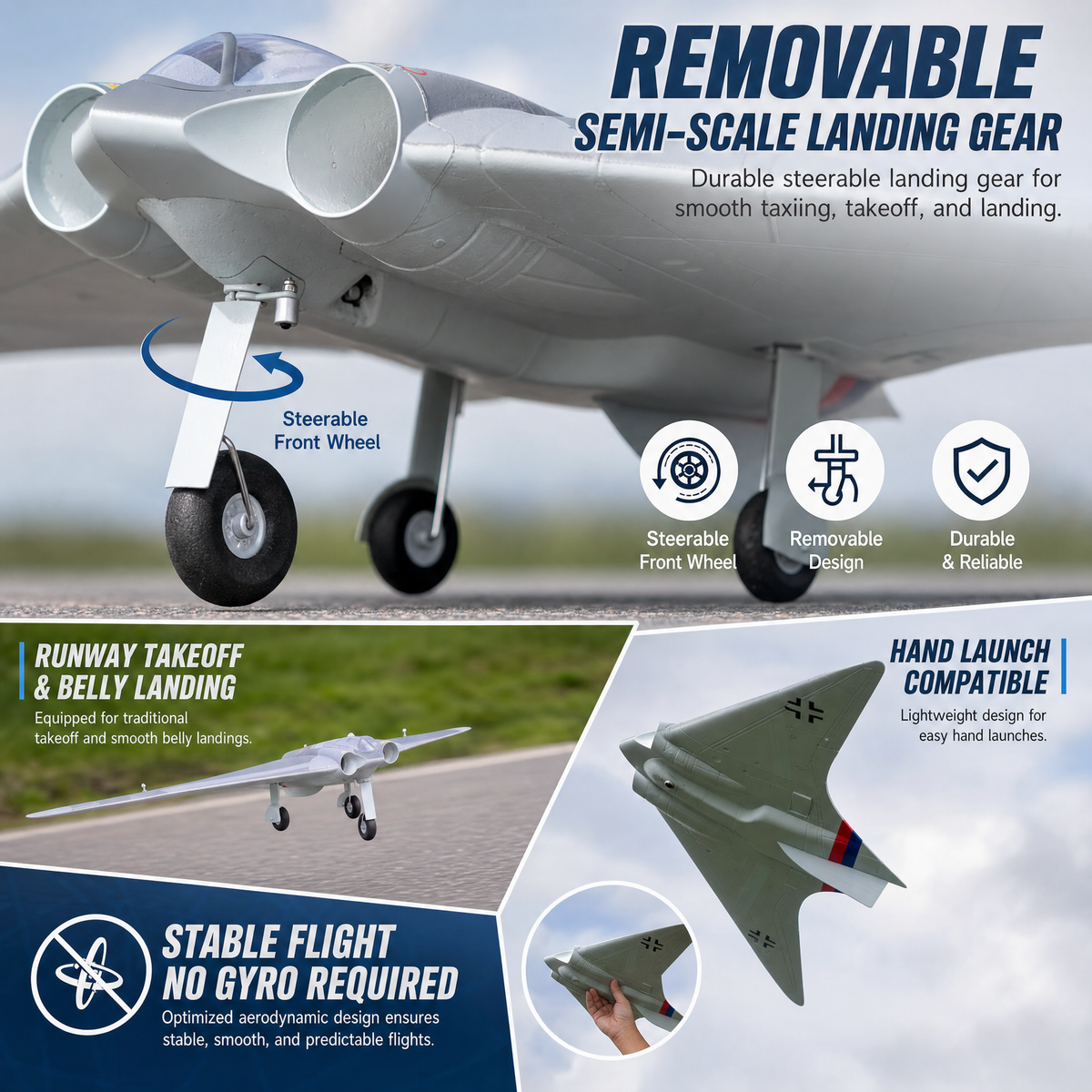 Horten Ho 229 RC Plane PNP, 35mm EDF, 813mm Wingspan Steerable Gear