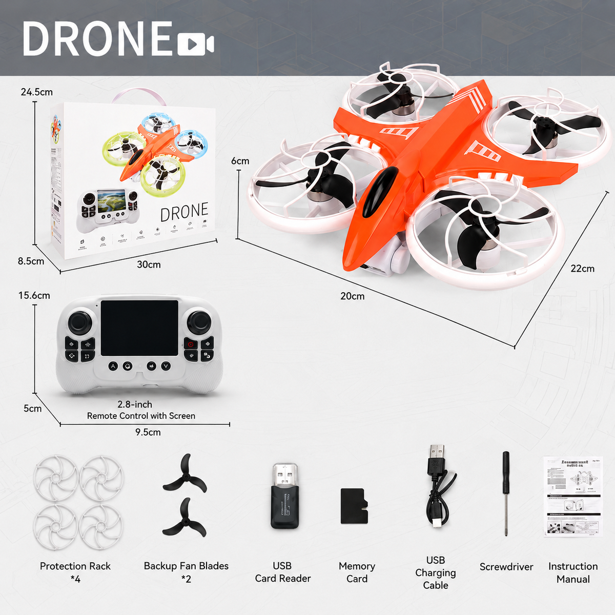 Mini RC Drone with Screen Controller,  LED Lights, 4K Cam, RTF