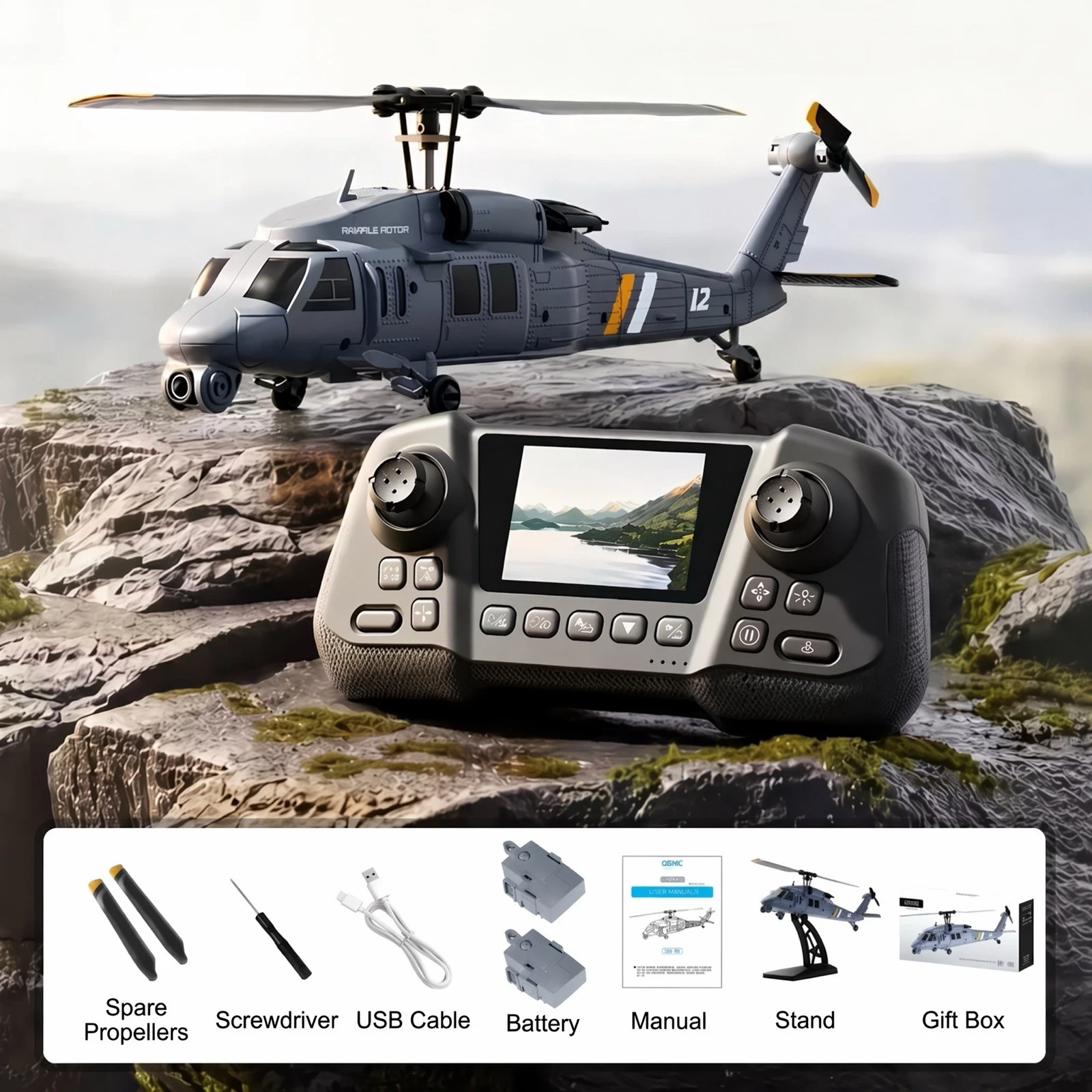 JetFlyZone L2 RC Helicopter Black Hawk Built-In Screen, 4 Way Optical Flow Positioning