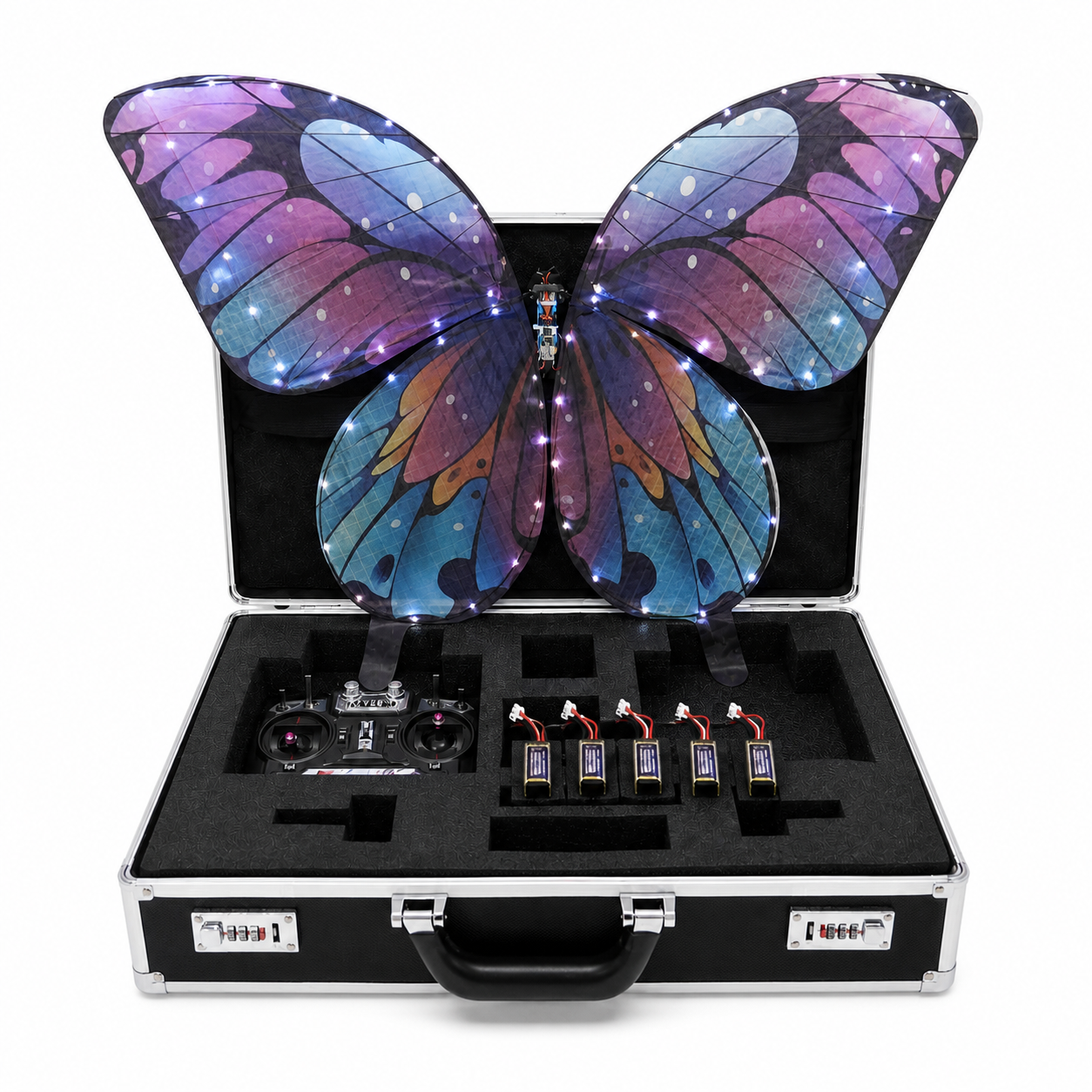 Galaxy Purple RC Flying Butterfly Premium – Bionic Flapping Wing with LED & Flysky Remote
